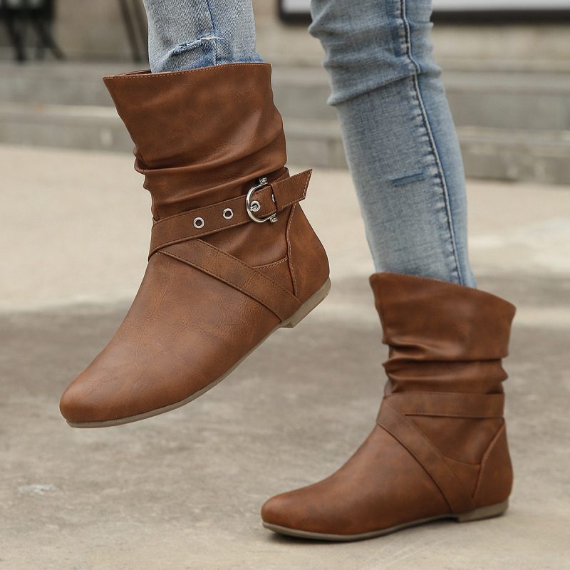 Flat Rivet Short Boots for Women with Belt Buckle - Brown - Image 3