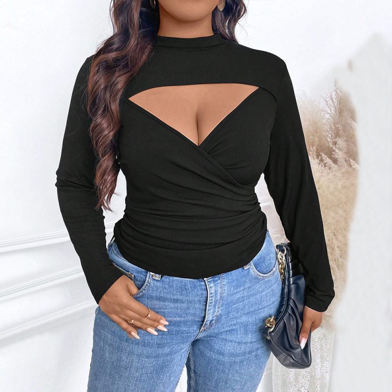 Plus Size Deep V Plunge Neck Long Sleeve T-Shirt - Autumn Winter - Image 3