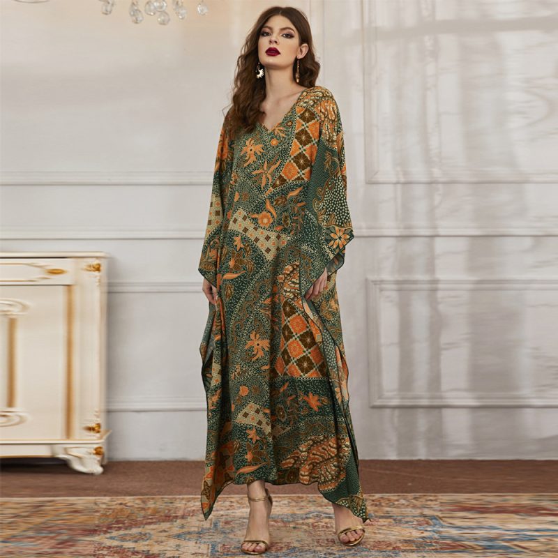 Women’s Fall Long Irregular Asymmetric Printed V-Neck Batwing Sleeve Dress - Image 2