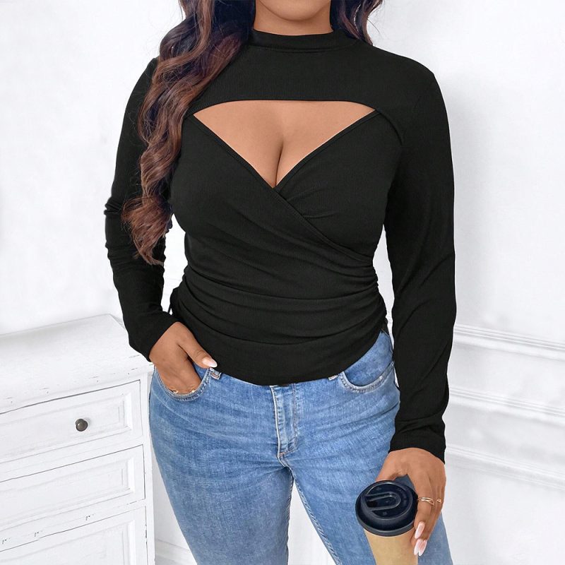 Plus Size Deep V Plunge Neck Long Sleeve T-Shirt - Autumn Winter - Image 2
