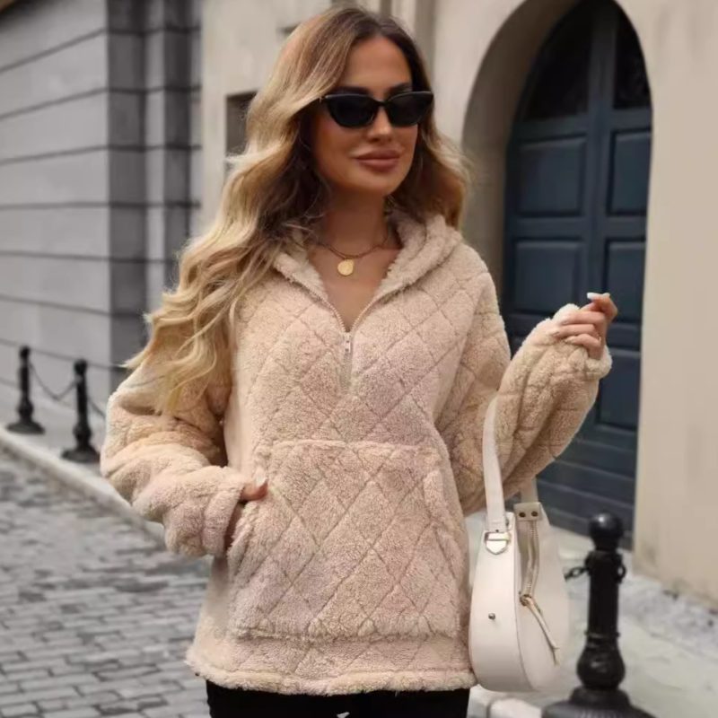 Women’s Autumn Winter Loose Half Zipper Pullover Hooded Fleece Sweatshirt - Image 4