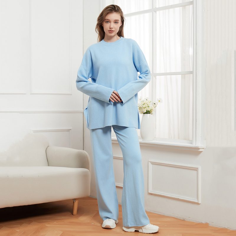 Solid Color Round Neck Loose Casual Sweater and Trousers Two-Piece Set for Women - Image 3
