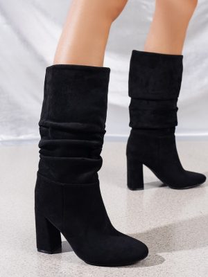 Pleated High Top Chunky Heel Suede Boots for Women