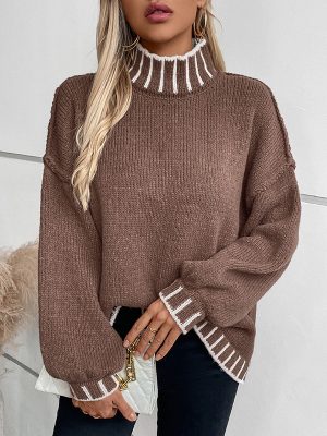 Womens Striped Turtleneck Pullover Sweater – Loose Knitwear Top