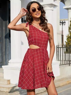 Printed V-Neck Sleeveless Dress – Ruffled Knee-Length with Pockets