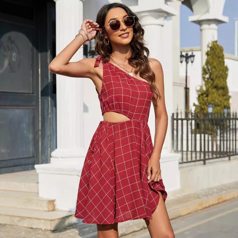 Printed V-Neck Sleeveless Dress - Ruffled Knee-Length with Pockets