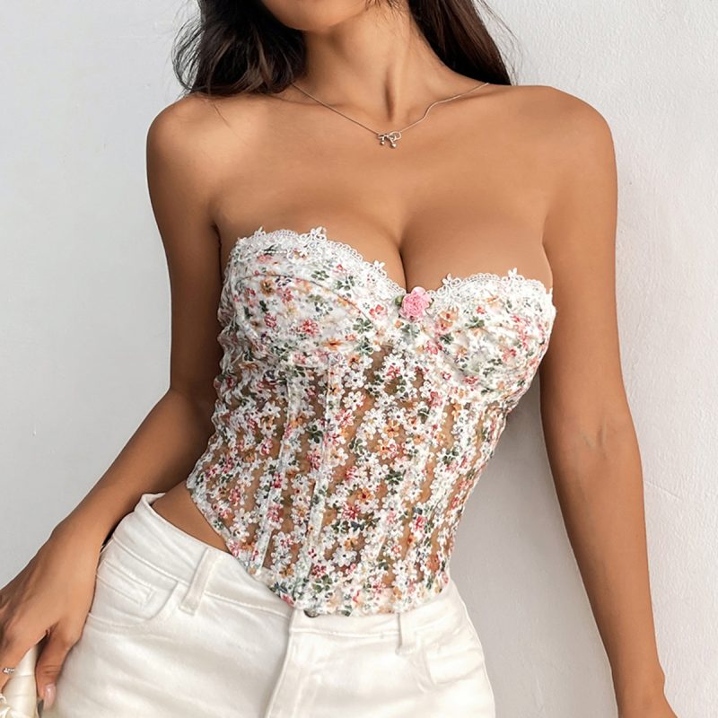 Floral Embroidered Sheer Corset Tube Top with Steel Boning