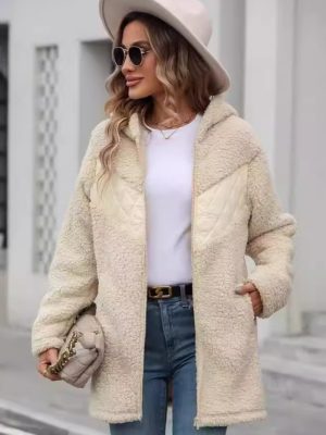 Women’s Autumn Winter Hooded Mid-Length Loose Zip Plush Cardigan Coat