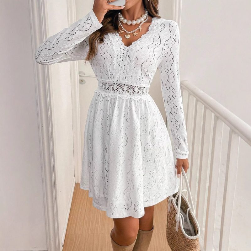 Elegant Solid Color Lace Patchwork Mini Sundress for Women