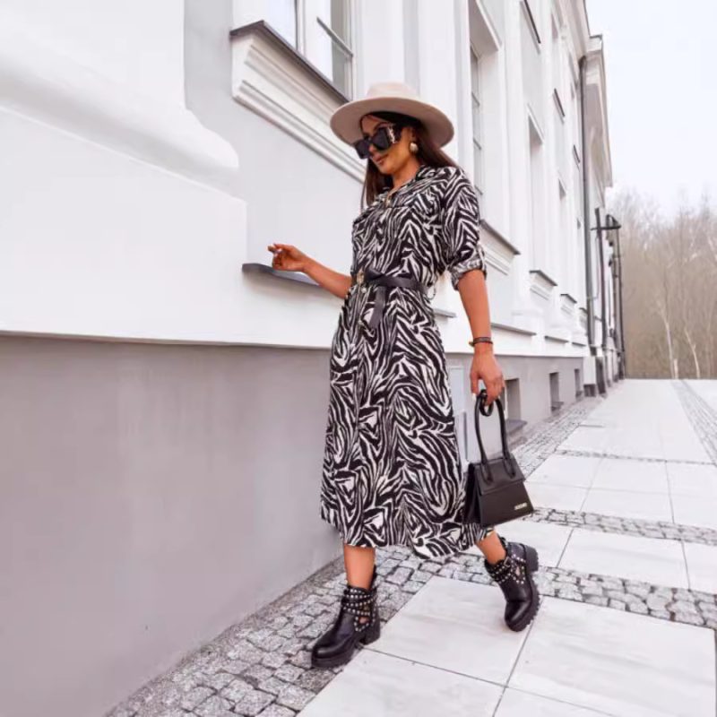 Autumn Leopard Print Mid-Length Shirt Dress for Women - Image 2