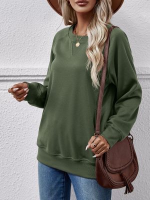 Solid Color Round Neck Long Sleeve Pocket Sweater for Women