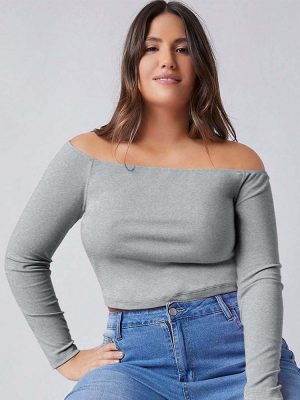 Plus Size Off-Neck Long Sleeve T-Shirt for Women – Slim Fit