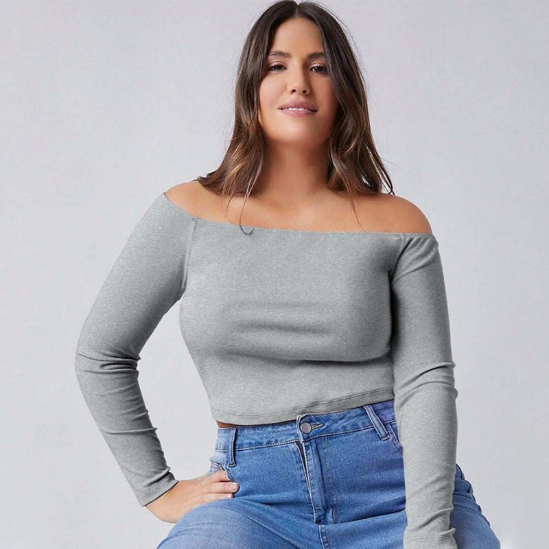 Plus Size Off-Neck Long Sleeve T-Shirt for Women - Slim Fit