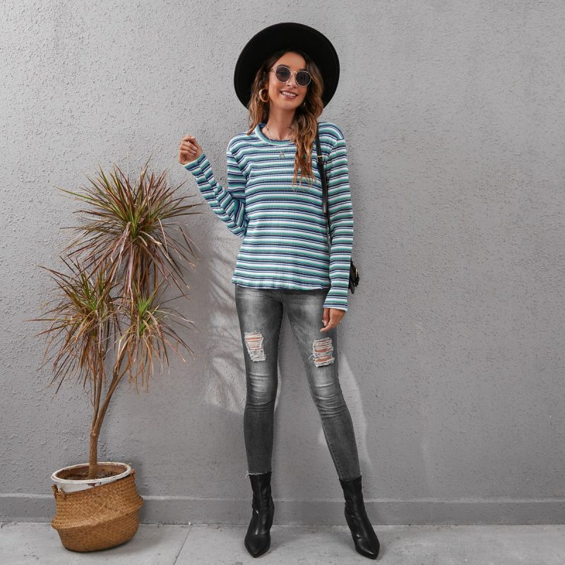 Autumn Winter Long Sleeved Striped Printed Top - Image 4