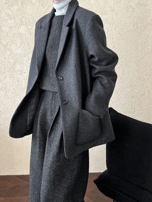 Korean Casual Woolen Blazer for Autumn Winter