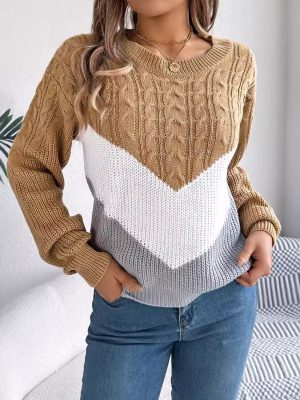 Casual Color Matching Twist Lantern Sleeve Knitted Pullover Sweater for Women