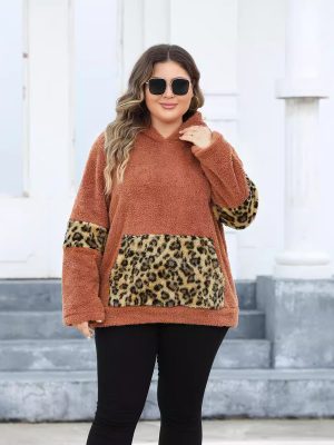 Plus Size Hooded Leopard Pocket Thick Fleece Sweatshirt for Women