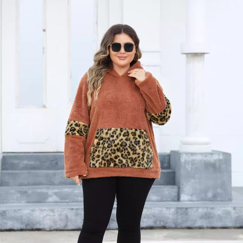Plus Size Hooded Leopard Pocket Thick Fleece Sweatshirt for Women