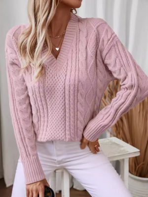 Women’s V-Neck Pullover Sweater – Vintage Twisted Knit Pattern