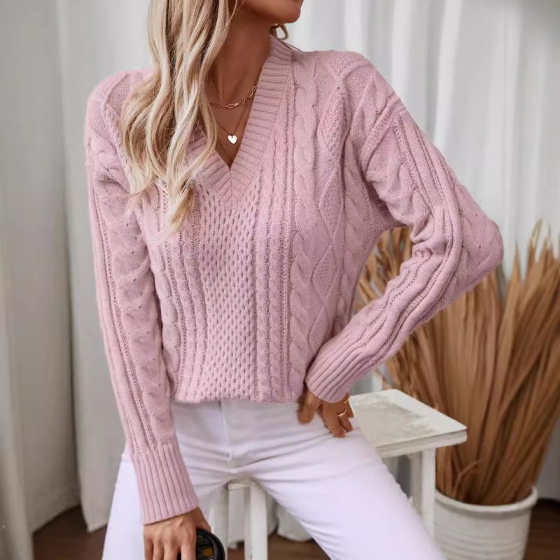 Women's V-Neck Pullover Sweater - Vintage Twisted Knit Pattern
