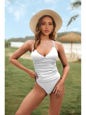 V-Neck Peplum Criss-Cross Strap Two-Piece Swimsuit