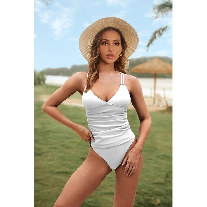 V-Neck Peplum Criss-Cross Strap Two-Piece Swimsuit