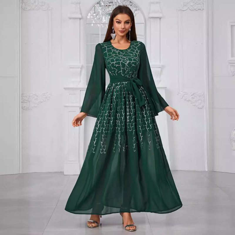 Casual Sequined Chiffon Dress with Lace-Up Long Sleeves