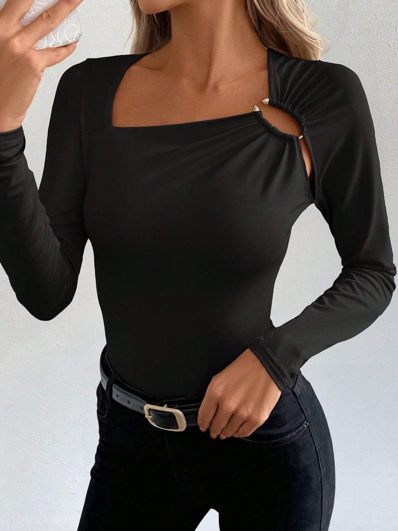 Elegant Solid Color Long Sleeve Fitted Square Collar T-Shirt for Women - Image 2