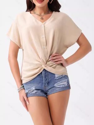 Asymmetric Hem Button Short Sleeve T-Shirt for Women