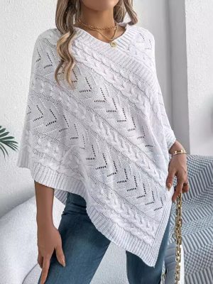 Casual Solid Color Cable Knit Loose Fitting Cloak Sweater Coat for Women