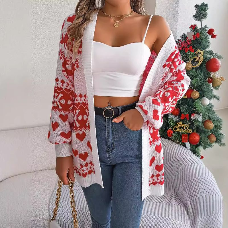 Christmas Deer Pocket Long Sleeve Cardigan Sweater Coat for Women - Image 3