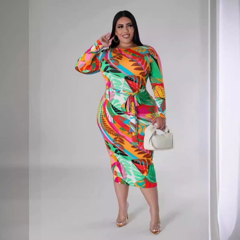 Plus Size Summer Printed Collar High Waist Casual Dress