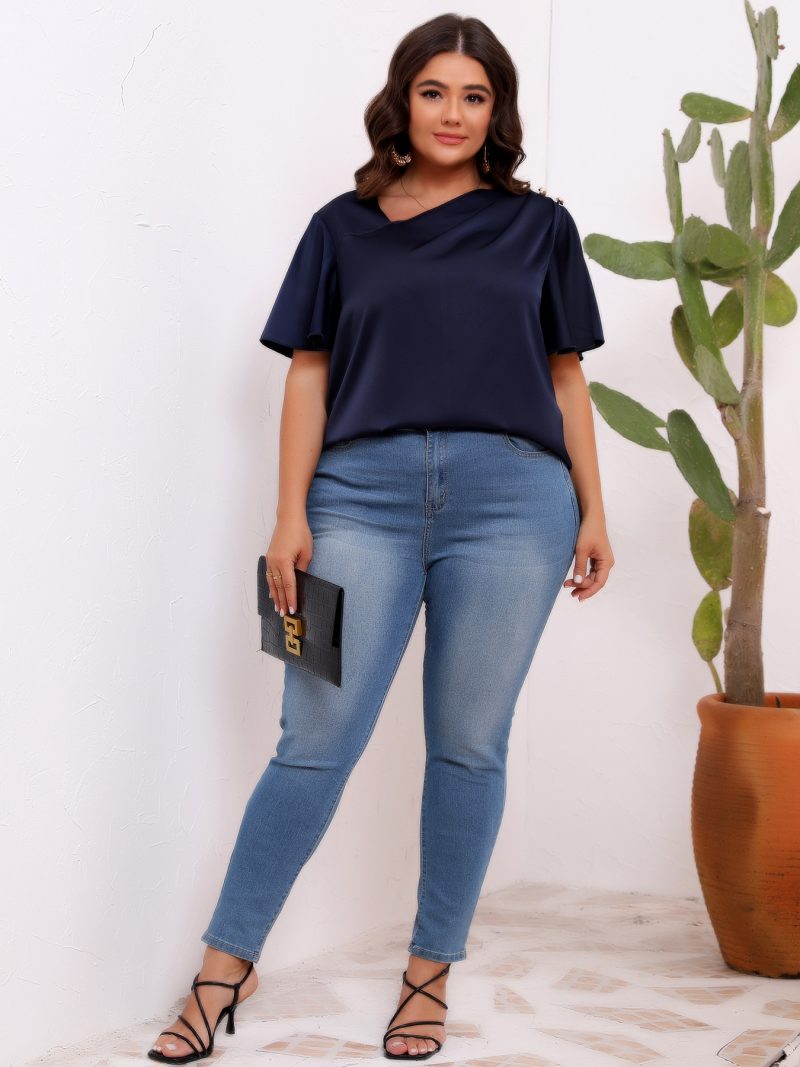 Plus Size Satin Silk Oblique Shoulder Ruffle Sleeve Office Top - Image 3