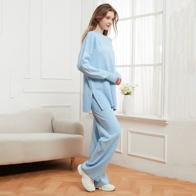 Round Neck Sunken Stripe Stitching Loose Casual Sweater Pullover & Knitted Trousers Two-Piece Set - Image 2