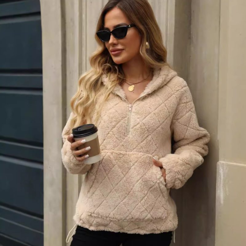 Women’s Autumn Winter Loose Half Zipper Pullover Hooded Fleece Sweatshirt - Image 3