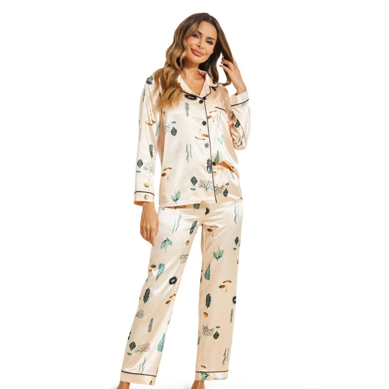 Fall Winter Silk Satin Printed Pajamas Suit for Women - Image 4