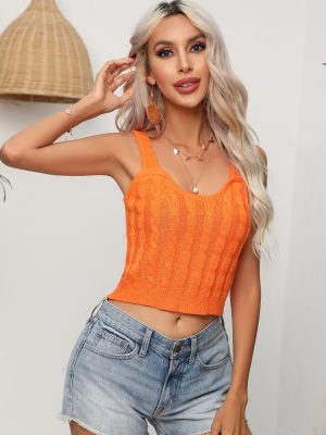 Twist Knitted Sling Top for Women – Sleeveless U Collar Sweater