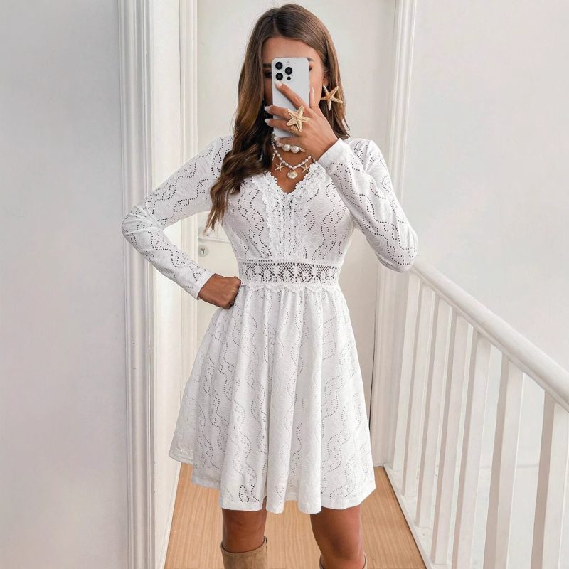 Elegant Solid Color Lace Patchwork Mini Sundress for Women - Image 4