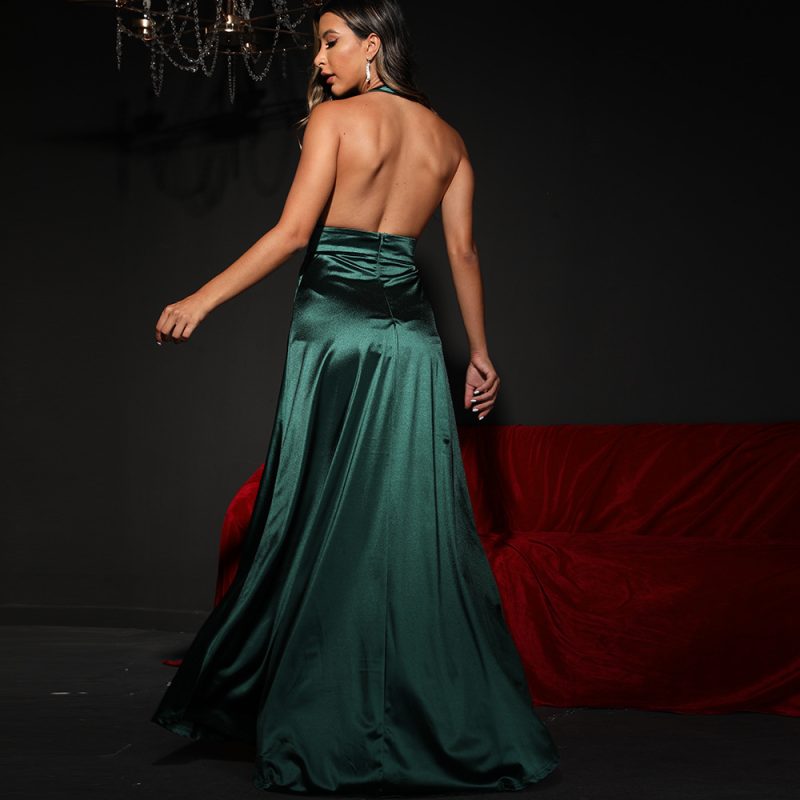 Green V-Neck Halter Backless Maxi Dress: High Slit Faux Two-Piece - Image 4