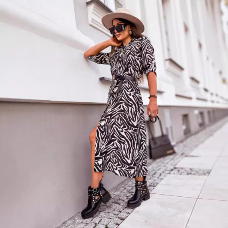 Autumn Leopard Print Mid-Length Shirt Dress for Women
