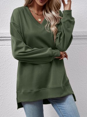 Solid Color V-Neck Split Front Long Blouse for Women