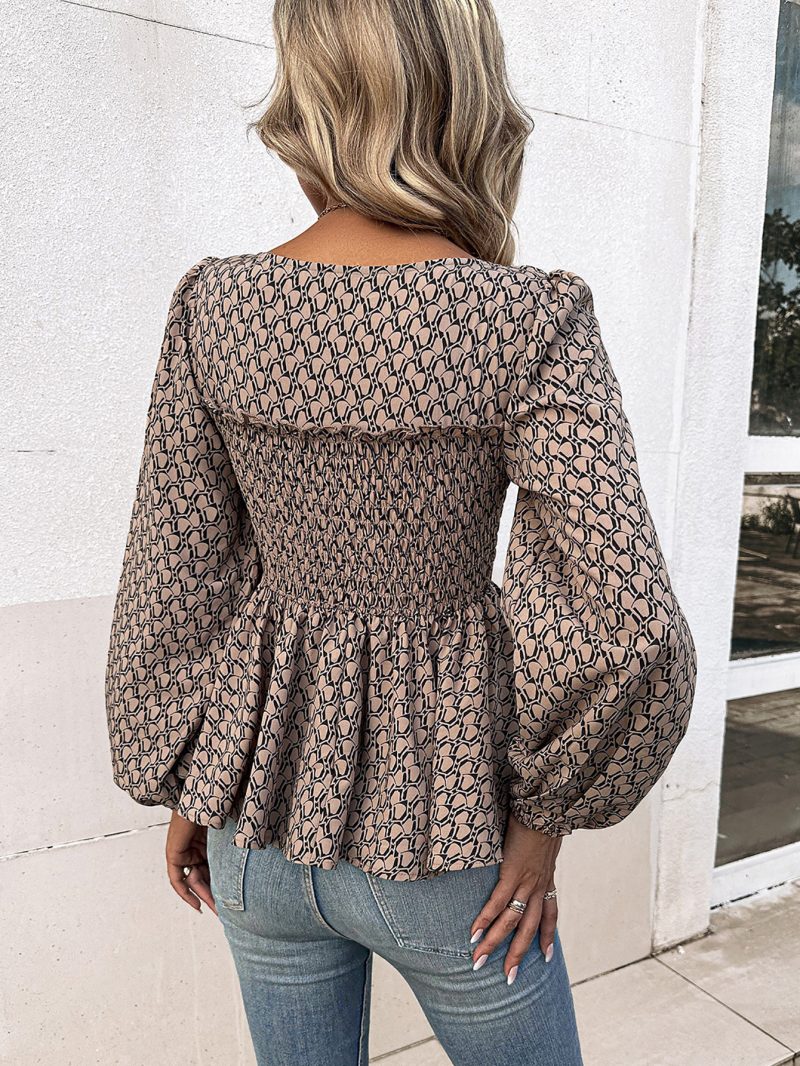 Sexy Slim Fit Printed Square Collar Long Sleeve Pullover Shirt for Women - Image 2