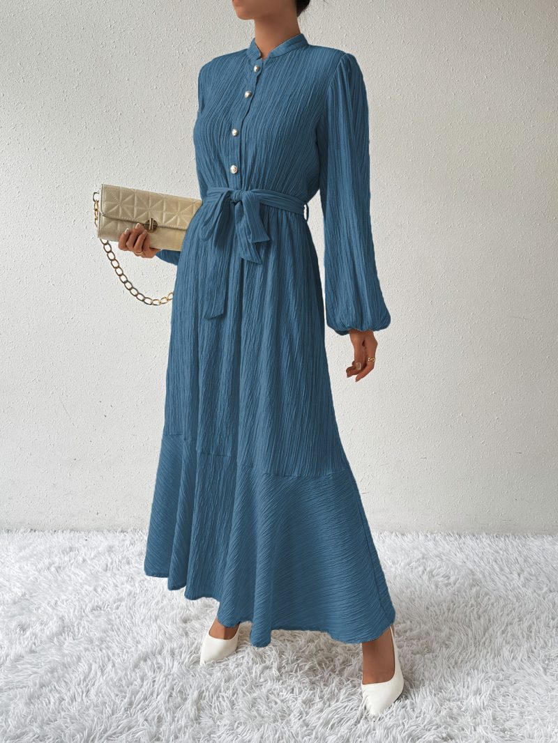 Solid Color Lantern Sleeve Button Dress - Slimming Maxi Dress - Image 4