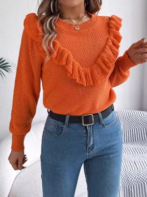 Elegant Solid Color Ruffled Long Sleeve Pullover Sweater for Women