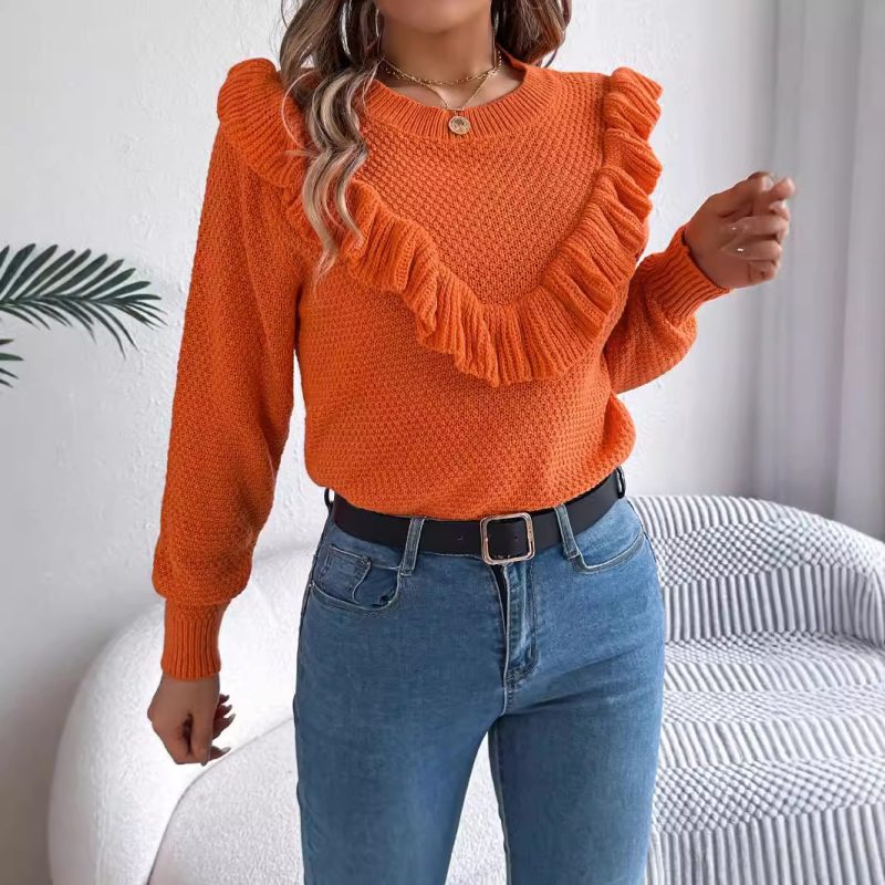 Elegant Solid Color Ruffled Long Sleeve Pullover Sweater for Women
