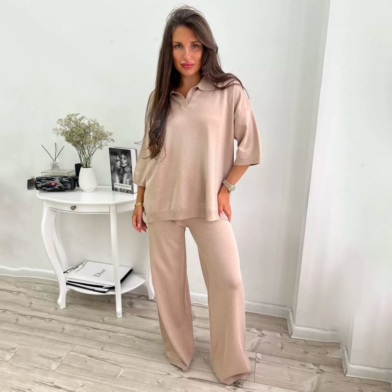 Polo Collar Sweater & Knitted Trousers Set – Casual Solid Color Two-Piece