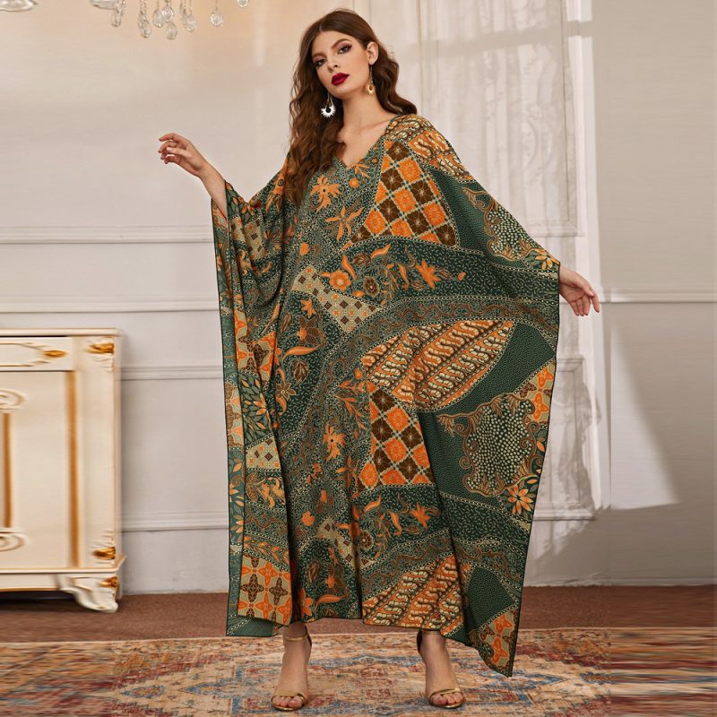Women’s Fall Long Irregular Asymmetric Printed V-Neck Batwing Sleeve Dress