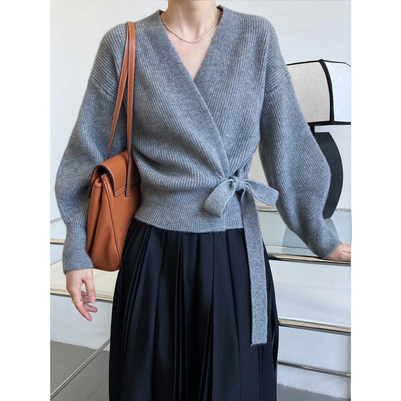 French Retro V-Neck Lace-Up Knitted Cardigan for Women - Image 2