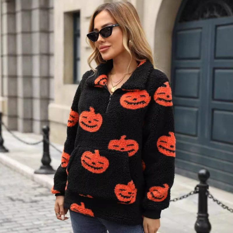 Women’s Autumn Winter Halloween Pumpkin Printed Half Zipper Plush Pullover Sweater - Image 3