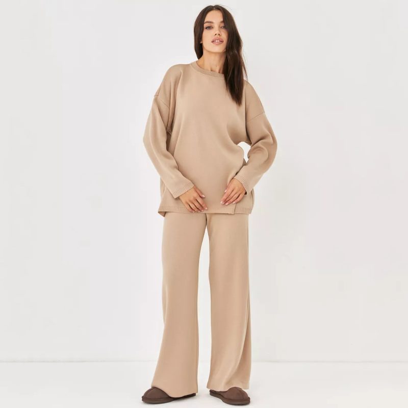Solid Color Round Neck Sweater and Knitted Trousers Set – Casual Two-Piece - Image 5